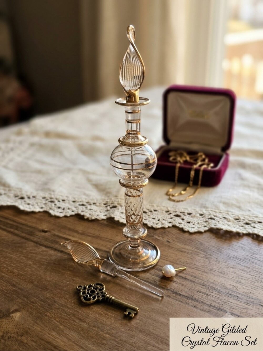 Vintage Hand-Blown Egyptian Glass Perfume Bottle | Gold Trim & Flame Dauber